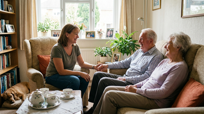 Eine freundliche Pflegedienstleitung im Gespräch mit einem Seniorenpaar im heimischen Wohnzimmer, alle lächeln entspannt und wirken sehr vertraut miteinander.