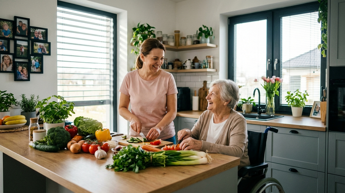Eine empathische osteuropäische Betreuungskraft kocht gemeinsam mit einer Seniorin in einer modernen Küche. Frisches Gemüse liegt auf der Arbeitsplatte, beide lachen entspannt miteinander. Familiäre Stimmung.