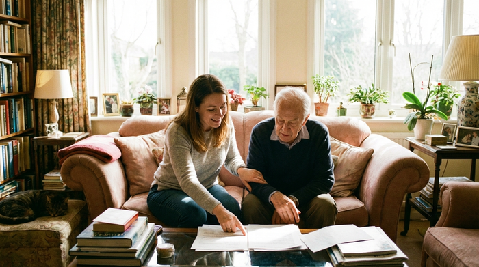Eine erwachsene Tochter sitzt mit ihrem pflegebedürftigen Vater auf einem gemütlichen Sofa und bespricht wichtige Dokumente. Konzentrierte, aber liebevolle Stimmung, lichtdurchflutetes Wohnzimmer.
