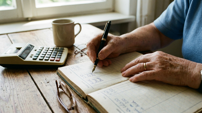 Eine Nahaufnahme von Händen einer älteren Frau, die mit einem Stift sorgfältig Zahlen in ein Haushaltsbuch einträgt, auf dem Holztisch liegen ein Taschenrechner und eine Kaffeetasse im hellen Tageslicht.