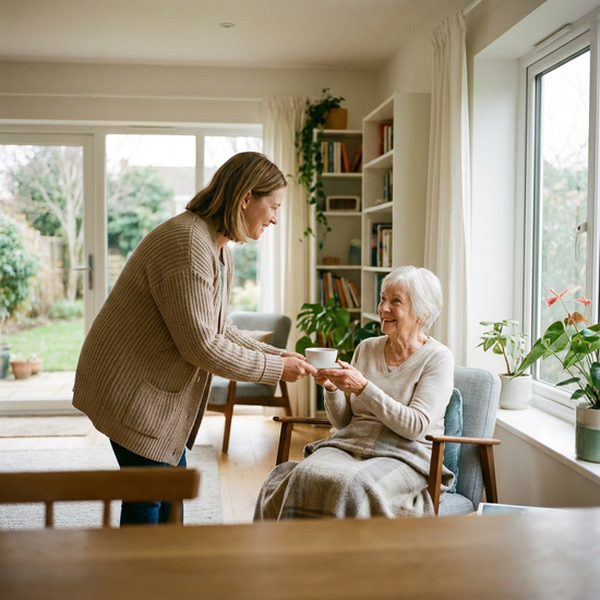 Eine freundliche Pflegekraft reicht einer lächelnden Seniorin im eigenen, gemütlichen Wohnzimmer eine Tasse Tee, im Hintergrund ist ein modernes, helles Interieur zu sehen.