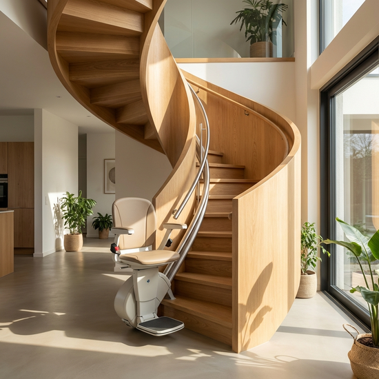 Ein moderner Treppenlift in einem hellen, gepflegten Einfamilienhaus, sanftes Sonnenlicht fällt durch das große Fenster auf die elegante Holztreppe.