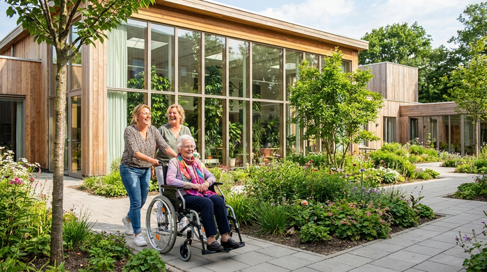 Zwei erwachsene Frauen spazieren gemeinsam mit ihrer älteren Mutter im Rollstuhl durch den Garten einer modernen, hellen Pflegeeinrichtung mit großen Fenstern und gepflegten grünen Pflanzen.