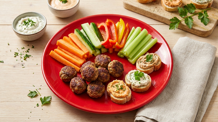 Ein appetitlich angerichteter, roter Teller mit mundgerechten Gemüsesticks, kleinen Frikadellen und Brothäppchen auf einem hellen Holztisch. Klarer visueller Kontrast zwischen dem Essen und dem Geschirr.