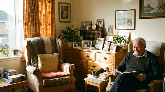 Ein freundliches, individuell eingerichtetes Bewohnerzimmer in einem Pflegeheim. Ein bequemer, alter Ohrensessel, gerahmte Familienfotos auf einer Holzkommode und warme Vorhänge schaffen eine heimelige Wohnatmosphäre.