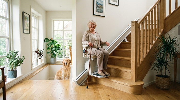 Eine ältere Frau sitzt entspannt auf einem modernen Treppenlift, der sanft eine helle Holztreppe hinaufgleitet. Sie lächelt sicher und zufrieden in ihrem eigenen, gepflegten Zuhause.