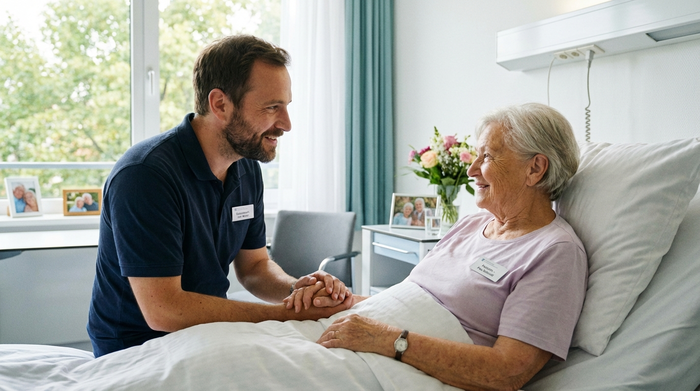 Ein freundlicher Sozialarbeiter im Krankenhaus spricht beruhigend mit einer älteren Patientin im Bett, helles und sauberes Krankenzimmer, professionelle und empathische Stimmung.