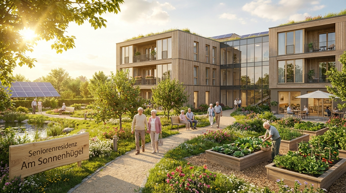 Ein modernes, freundliches Pflegeheim von außen mit einem gepflegten grünen Garten, in dem Senioren spazieren gehen. Sonniges Wetter, einladende und friedliche Umgebung.