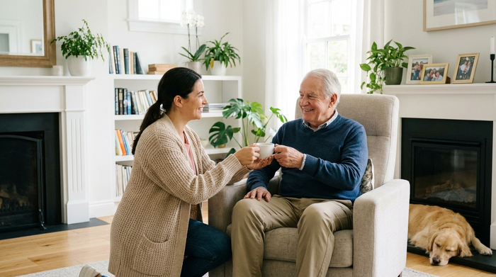Eine liebevolle Pflegekraft reicht einem lächelnden Senior eine Tasse Tee im gemütlichen heimischen Wohnzimmer. Helle, aufgeräumte Umgebung, entspannte und vertrauensvolle Interaktion.