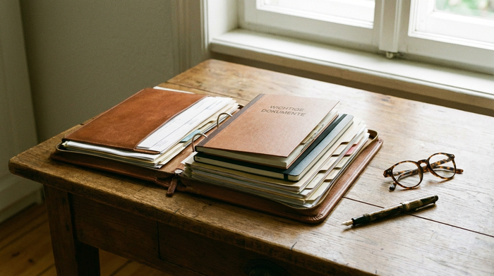Ein ordentlich sortierter Ordner mit wichtigen Dokumenten, eine Brille und ein Stift liegen auf einem hölzernen Schreibtisch. Ruhige, aufgeräumte Szene, klares Licht.