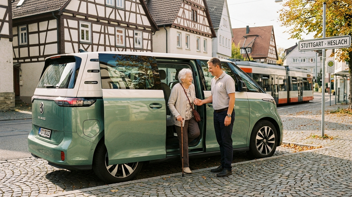Ein moderner Kleinbus mit geöffneter Schiebetür steht in einer ruhigen Straße in Stuttgart. Ein freundlicher Fahrer hilft einer lächelnden Seniorin beim Einsteigen.