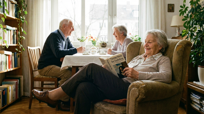 Eine ältere Dame sitzt entspannt in einem bequemen Sessel und liest ein Buch. Im Hintergrund unterhalten sich zwei andere Senioren bei einer Tasse Tee in einem lichtdurchfluteten Raum.