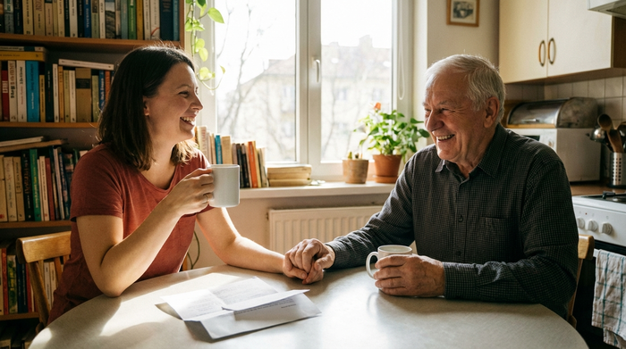 Eine Tochter und ihr älterer Vater sitzen entspannt am Esstisch zu Hause, trinken Kaffee und wirken erleichtert und glücklich.