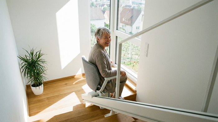 Ein moderner, unauffälliger Treppenlift in einem hellen, aufgeräumten Treppenhaus eines typischen Stuttgarter Wohnhauses. Eine ältere Frau fährt sicher und lächelnd nach oben.