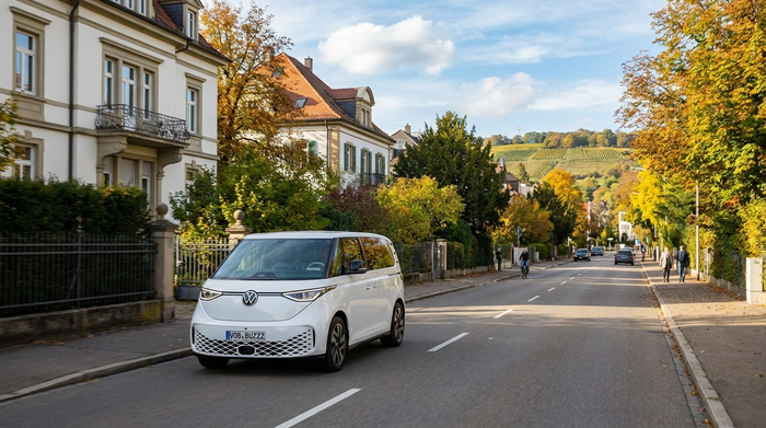 Ein moderner, weißer Kleinbus fährt durch eine von Bäumen gesäumte Straße in einem Stuttgarter Wohngebiet. Im Hintergrund sanfte Hügel und blauer Himmel, ruhige Verkehrssituation.