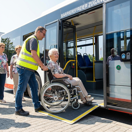 Ein Fahrer hilft einer älteren Dame im Rollstuhl über eine sichere, flache Rampe in den geräumigen Innenraum eines Transportbusses. Der Fahrer trägt Alltagskleidung mit einer Warnweste, die Dame lächelt entspannt.