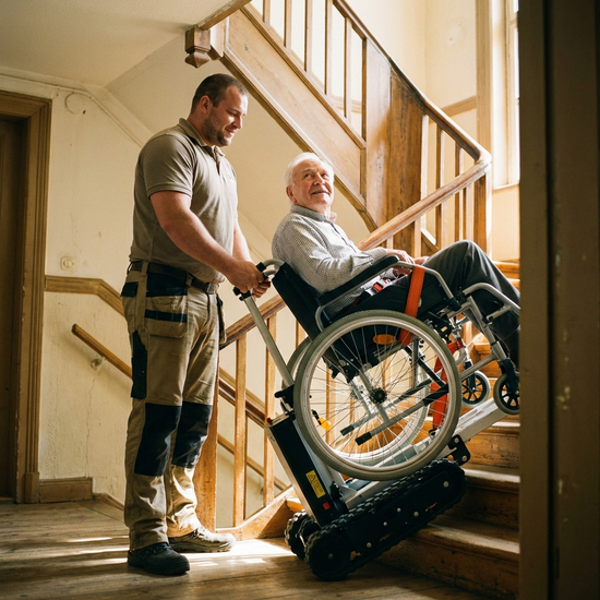 Ein kräftiger Pfleger nutzt einen elektrischen Treppensteiger, um einen Senior im Rollstuhl sicher eine helle Holztreppe in einem Altbau hinunterzutransportieren. Fokus auf Sicherheit und Vertrauen.