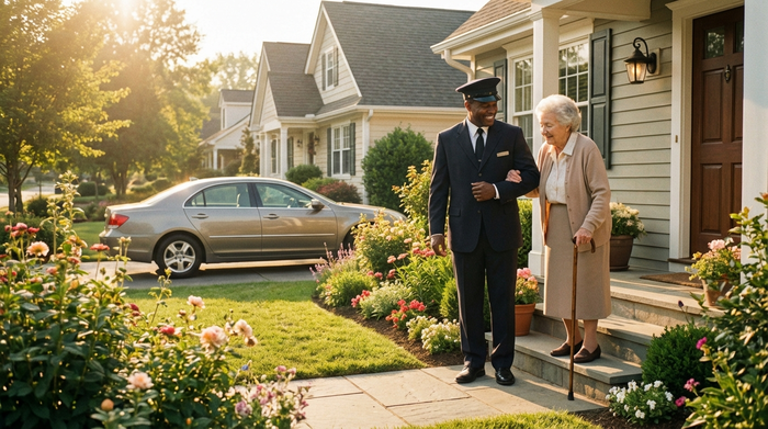 Ein freundlicher Fahrer reicht einer älteren Dame an ihrer Haustür den Arm, um sie sicher zum wartenden Fahrzeug zu stützen. Warme Morgensonne, gepflegter Vorgarten, liebevolle Betreuung.