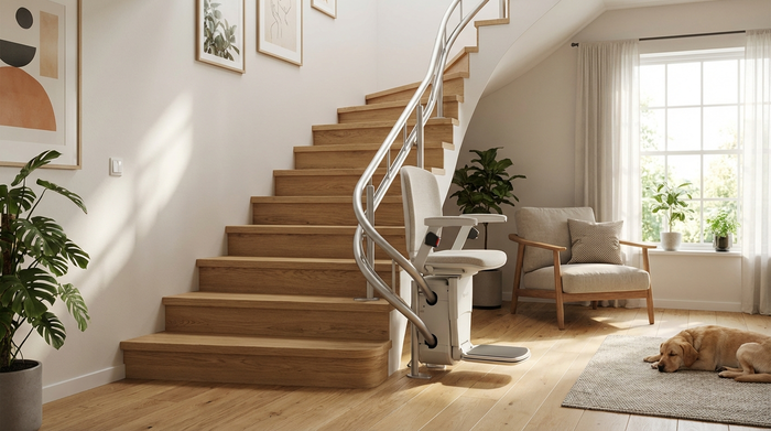 Ein eleganter, moderner Treppenlift ist an einer geschwungenen Treppe in einem gemütlichen Einfamilienhaus installiert. Helles Licht fällt durch ein Fenster, sauberes und einladendes Wohnumfeld.