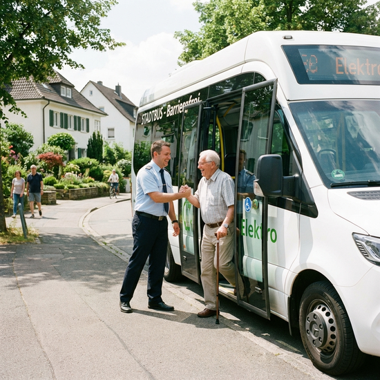 Ein freundlicher Busfahrer hilft einem lächelnden Senior mit Gehstock beim Einsteigen in einen modernen, hellen Kleinbus. Gepflegte Wohnsiedlung im Hintergrund, sonniges Wetter, realistische und sichere Umgebung.