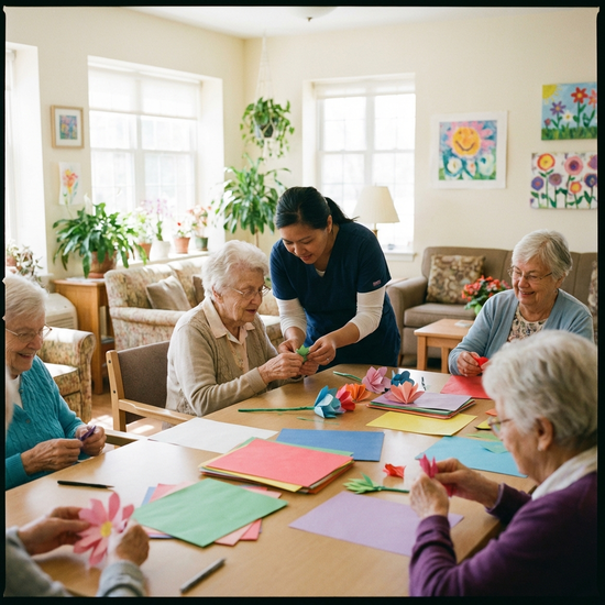 Senioren sitzen in einer gemütlichen Runde zusammen und basteln mit bunten Papierbögen. Eine einfühlsame Betreuerin hilft einer älteren Dame. Helle, freundliche Räumlichkeiten, konzentrierte und freudige Stimmung.
