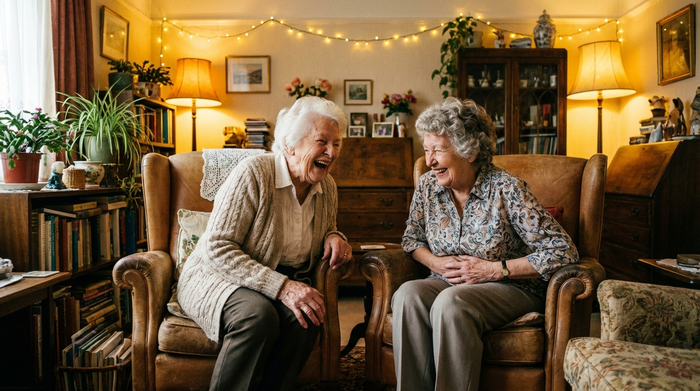 Zwei ältere Damen lachen herzlich miteinander, während sie in bequemen Sesseln sitzen und sich unterhalten. Warme Beleuchtung, gemütliche Einrichtung mit Pflanzen im Hintergrund, authentische Freude.