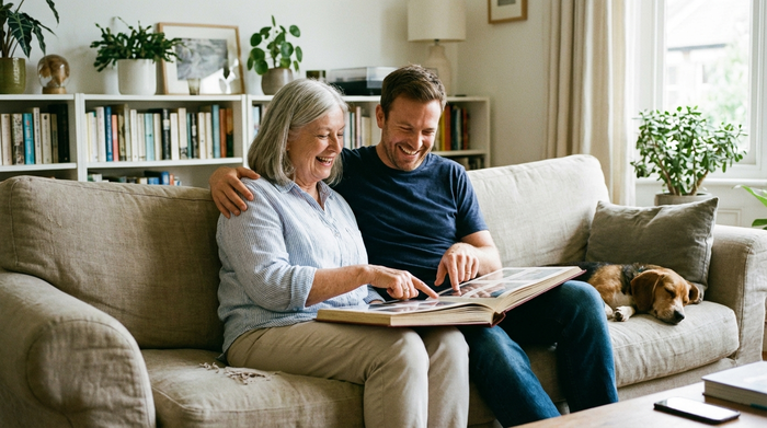 Eine ältere Frau und ihr erwachsener Sohn sitzen entspannt auf einem Sofa und schauen sich gemeinsam ein Fotoalbum an. Friedliche Familienatmosphäre, aufgeräumtes Wohnzimmer, liebevoller Umgang.