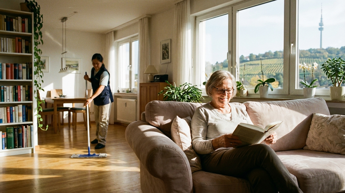 Ein gemütliches Wohnzimmer in Stuttgart, eine ältere Frau sitzt entspannt auf einem Sofa und liest ein Buch, während im Hintergrund eine unscharfe Reinigungskraft den Boden wischt. Helles Sonnenlicht, saubere und aufgeräumte Umgebung.