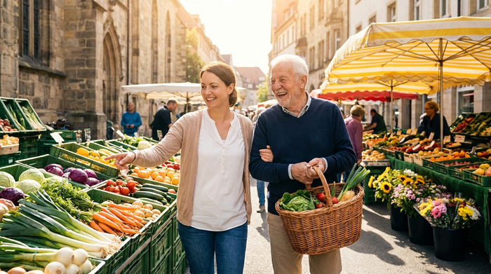 Eine sympathische Alltagshilfe und ein Senior gehen gemeinsam mit einem Einkaufskorb über einen sonnigen Wochenmarkt. Frisches Gemüse, entspannte Interaktion, klare und realistische Straßenszene.
