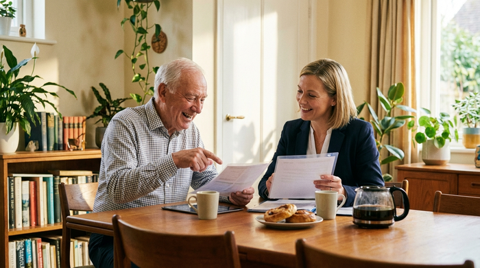 Ein älterer Herr und eine Beraterin sitzen gemeinsam an einem Esstisch, schauen auf übersichtliche Dokumente und lächeln. Helle, freundliche Raumatmosphäre, Tassen mit Kaffee auf dem Tisch.