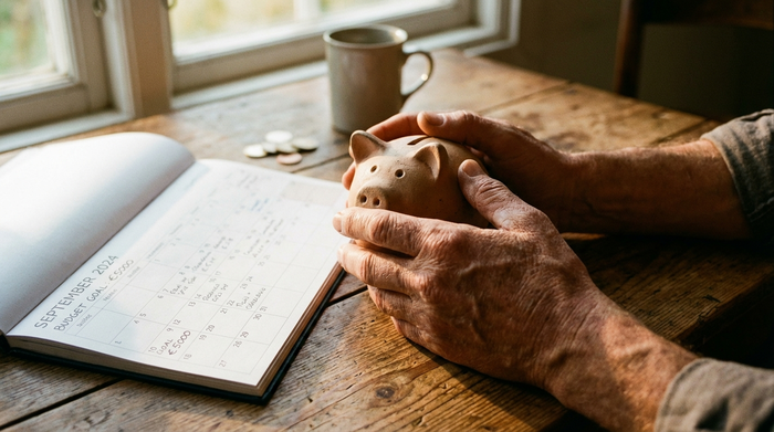 Eine Detailaufnahme von Händen, die sanft ein kleines Sparschwein auf einem Holztisch halten, daneben ein Kalender. Warme Beleuchtung, symbolisiert das Ansparen von Budgets, fokussiert und realistisch.