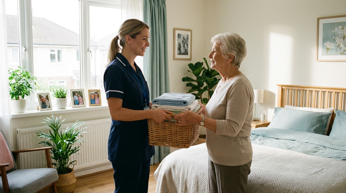Eine freundliche Alltagshilfe überreicht einer Seniorin frische, gefaltete Wäsche in einem hellen Schlafzimmer. Vertrauensvolle Blicke, gepflegte Umgebung, professionelle und empathische Situation.