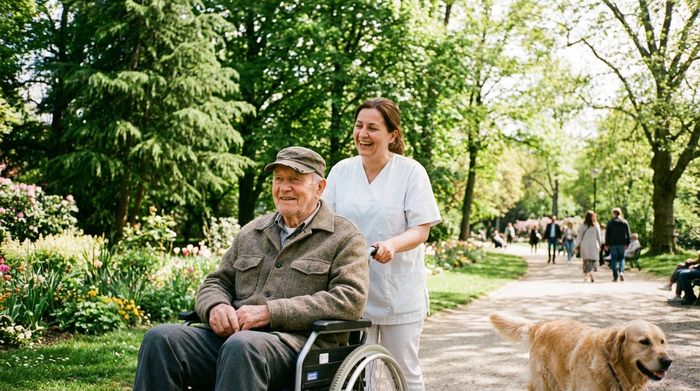 Ein älterer Mann im Rollstuhl wird von einer fürsorglichen Betreuerin durch einen sonnigen Park geschoben, umgeben von grünen Bäumen und gepflegten Wegen.