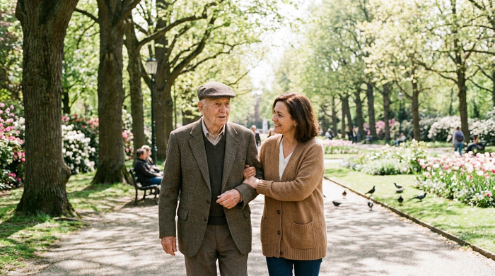 Eine aufmerksame Betreuerin hilft einem älteren Herrn beim Spaziergang durch einen sonnigen Park. Die Umgebung ist friedlich und grün, realistische Fotografie ohne Text.