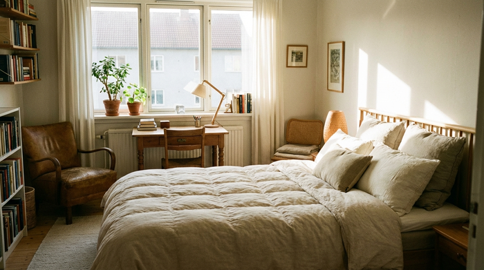Ein gemütlich eingerichtetes Gästezimmer mit einem komfortablen Bett, einem kleinen Schreibtisch und einem sonnigen Fenster. Einladend und ordentlich, realistische Darstellung ohne Text.