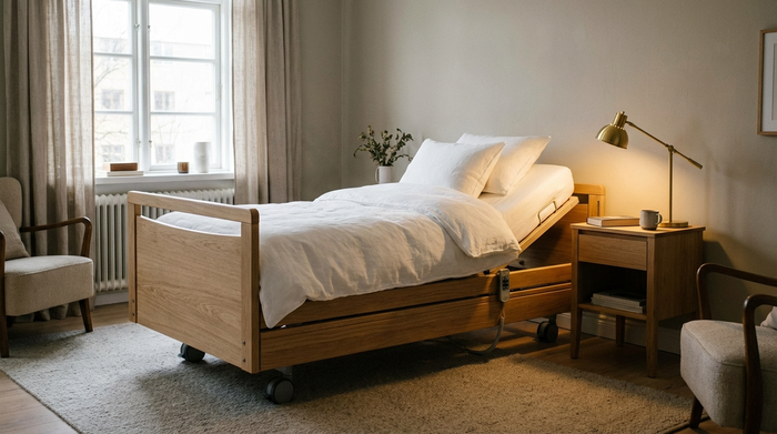 Ein modernes, elektrisch höhenverstellbares Pflegebett aus hellem Holz in einem gemütlichen Schlafzimmer. Hochwertige, weiße Bettwäsche, ein Nachttisch mit einer eingeschalteten Leselampe daneben. Realistische, wohnliche Atmosphäre, keine Menschen, ohne Text.