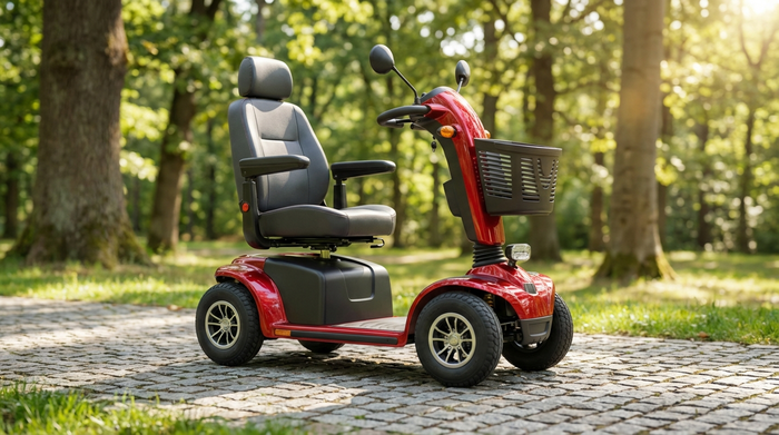 Ein moderner, roter Elektroscooter für Senioren parkt sicher auf einem gepflasterten Weg in einem grünen Park. Im Hintergrund unscharfe Bäume und ein sonniger Tag. Fotorealistisch, sauberes Design, ohne Text.