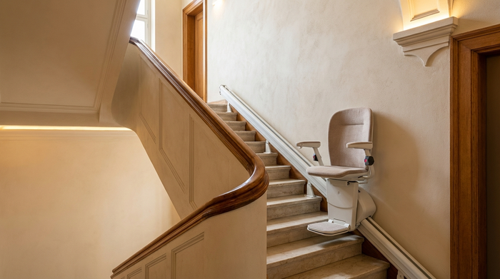 Ein elegantes, gut beleuchtetes Treppenhaus in einem gepflegten Altbau. An der Wand ist ein moderner, unauffälliger Treppenlift mit einem bequemen Sitz montiert. Sauber, sicher, fotorealistisch, ohne Text.