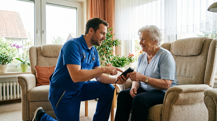 Ein freundlicher Techniker in blauer Arbeitskleidung erklärt einer älteren Dame geduldig die Fernbedienung eines Pflegebettes. Helles Wohnzimmer, vertrauensvolle Stimmung, fotorealistisch, kein Text.