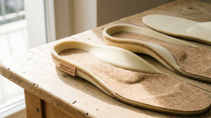 Eine Nahaufnahme von hochwertigen, maßgefertigten orthopädischen Einlagen aus Kork und weichem Schaumstoff, die auf einem hellen Holztisch liegen. Das Licht fällt sanft durch ein Fenster und betont die ergonomische Form und die saubere Verarbeitung der Materialien.