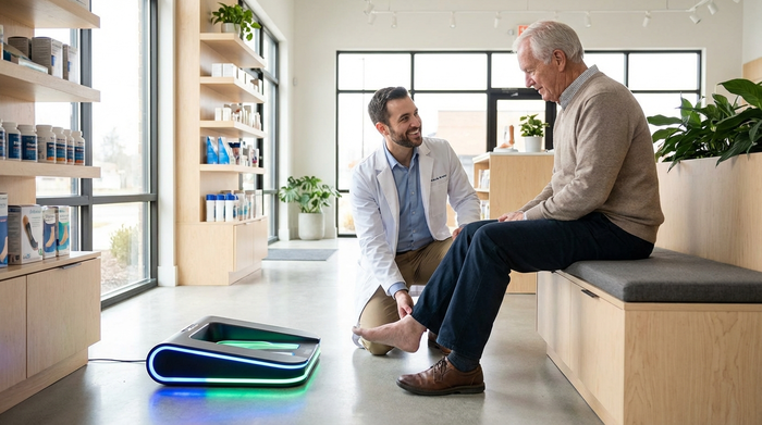 Ein freundlicher Orthopädietechniker in einem modernen, hellen Sanitätshaus untersucht die Füße eines älteren Herrn. Neben ihnen steht ein hochmoderner, leuchtender 3D-Fußscanner auf dem sauberen Fußboden. Die Atmosphäre ist professionell und vertrauensvoll.