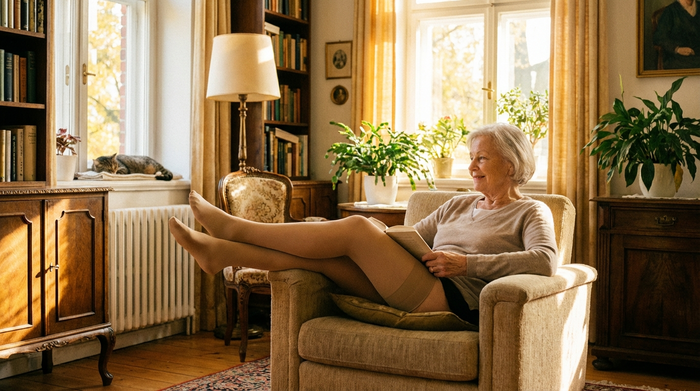 Eine ältere Dame sitzt entspannt auf einem bequemen Sessel in einem sonnigen Raum, während sie elegante, blickdichte Kompressionsstrümpfe trägt. Ihre Beine wirken leicht und vital. Die Umgebung ist gemütlich und wohnlich eingerichtet.