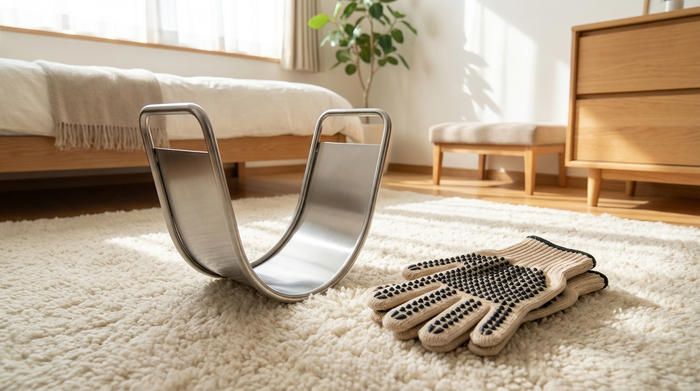 Eine praktische, metallene Anziehhilfe für Strümpfe steht auf einem weichen Teppichboden in einem hellen Schlafzimmer. Daneben liegen griffbereite Spezialhandschuhe mit Gumminoppen für einen sicheren Halt. Alles wirkt aufgeräumt und alltagstauglich.