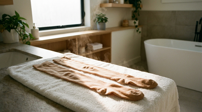 Frisch gewaschene, hautfarbene Kompressionsstrümpfe liegen flach ausgebreitet auf einem flauschigen, weißen Handtuch zum Trocknen. Ein sanfter Sonnenstrahl beleuchtet die feine Textilstruktur der Strümpfe in einem sauberen, modernen Badezimmer.