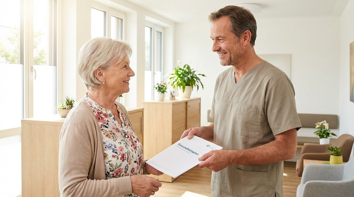 Eine ältere Dame sitzt gemeinsam mit ihrem fürsorglichen Hausarzt in einer hellen, modernen Arztpraxis. Der Arzt überreicht ihr lächelnd ein wichtiges medizinisches Dokument.