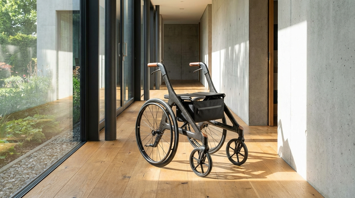 Ein eleganter, extrem leichter Carbon-Rollator steht in einem sauberen, gut beleuchteten Flur eines modernen Wohnhauses. Die Materialien wirken hochwertig und robust.