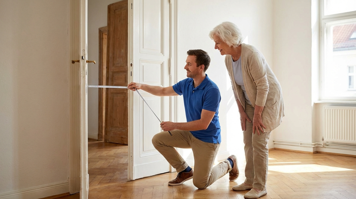 Ein freundlicher Berater im blauen Poloshirt misst mit einem Maßband die Türbreite in einer klassischen Altbauwohnung, während eine interessierte Seniorin ihm zuschaut.