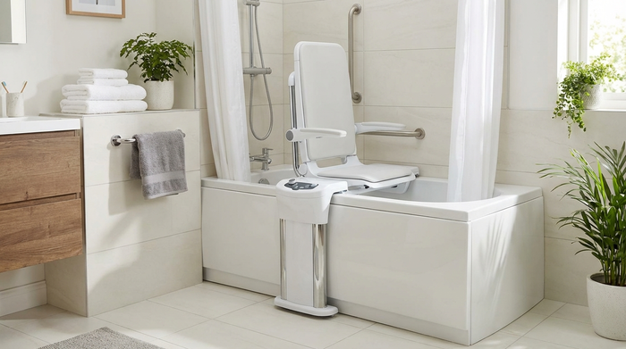 Ein moderner, sicherer Badewannenlift ist in einer hell gefliesten, sauberen Badewanne installiert. Frische Handtücher liegen bereit, das Badezimmer wirkt einladend und barrierefrei.
