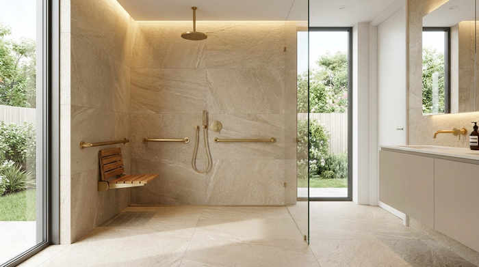 Eine luxuriöse, bodengleiche und barrierefreie Dusche mit rutschfesten Fliesen und eleganten Haltegriffen in einem modernen, hellen Badezimmer.