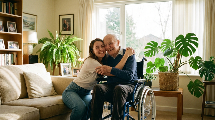Eine liebevolle Tochter umarmt ihren älteren, im Rollstuhl sitzenden Vater im heimischen Wohnzimmer. Beide lächeln glücklich. Im Hintergrund ein helles, aufgeräumtes Zimmer mit Zimmerpflanzen. Fotorealistisch, warmes Licht.